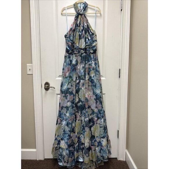 Mac Duggal Size 18 Blue Floral 68089 Halter Maxi Gown Cut Out Embellished Dress - Picture 6 of 13